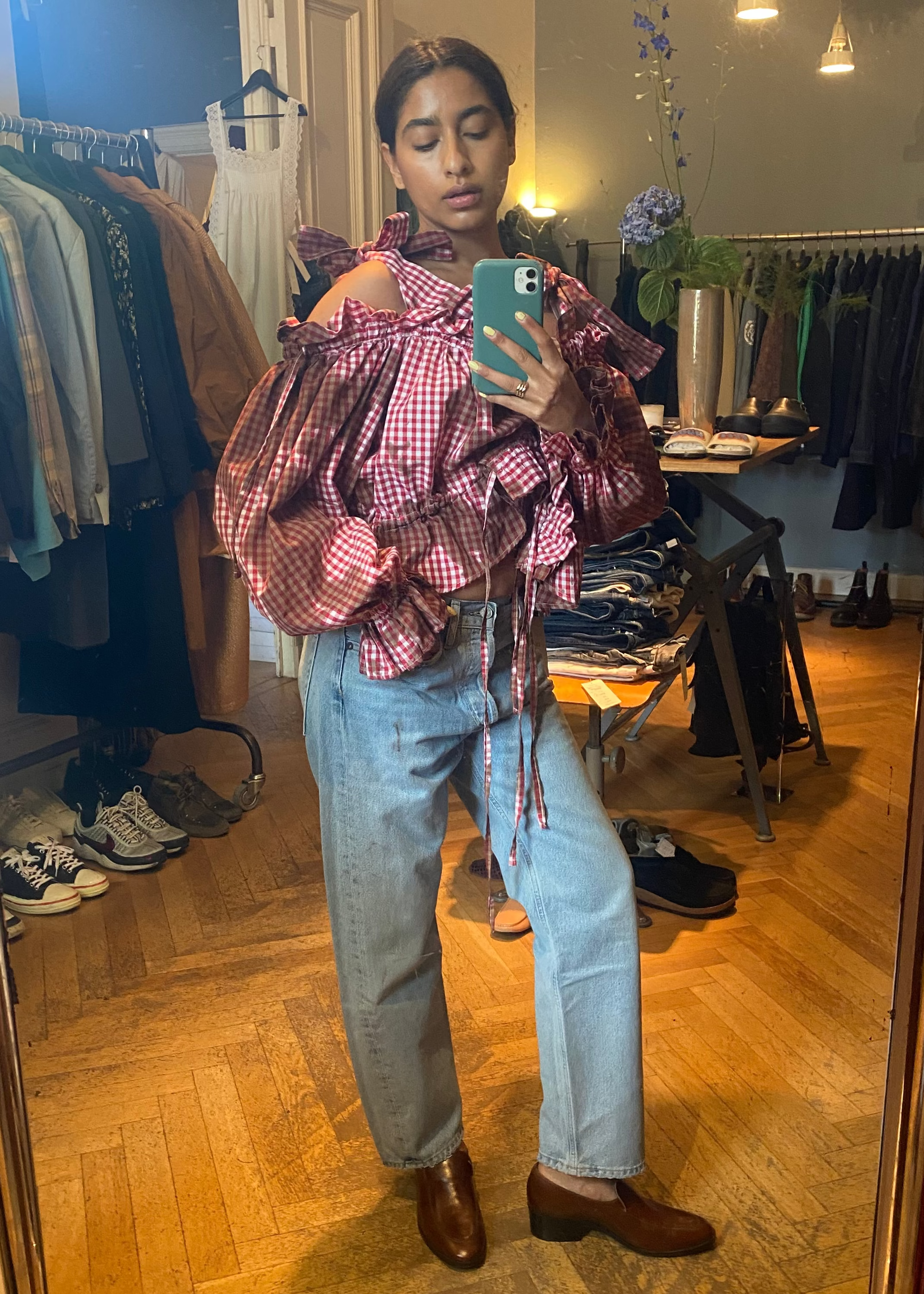 Off-Shoulder Bluse mit Vichy-Karo