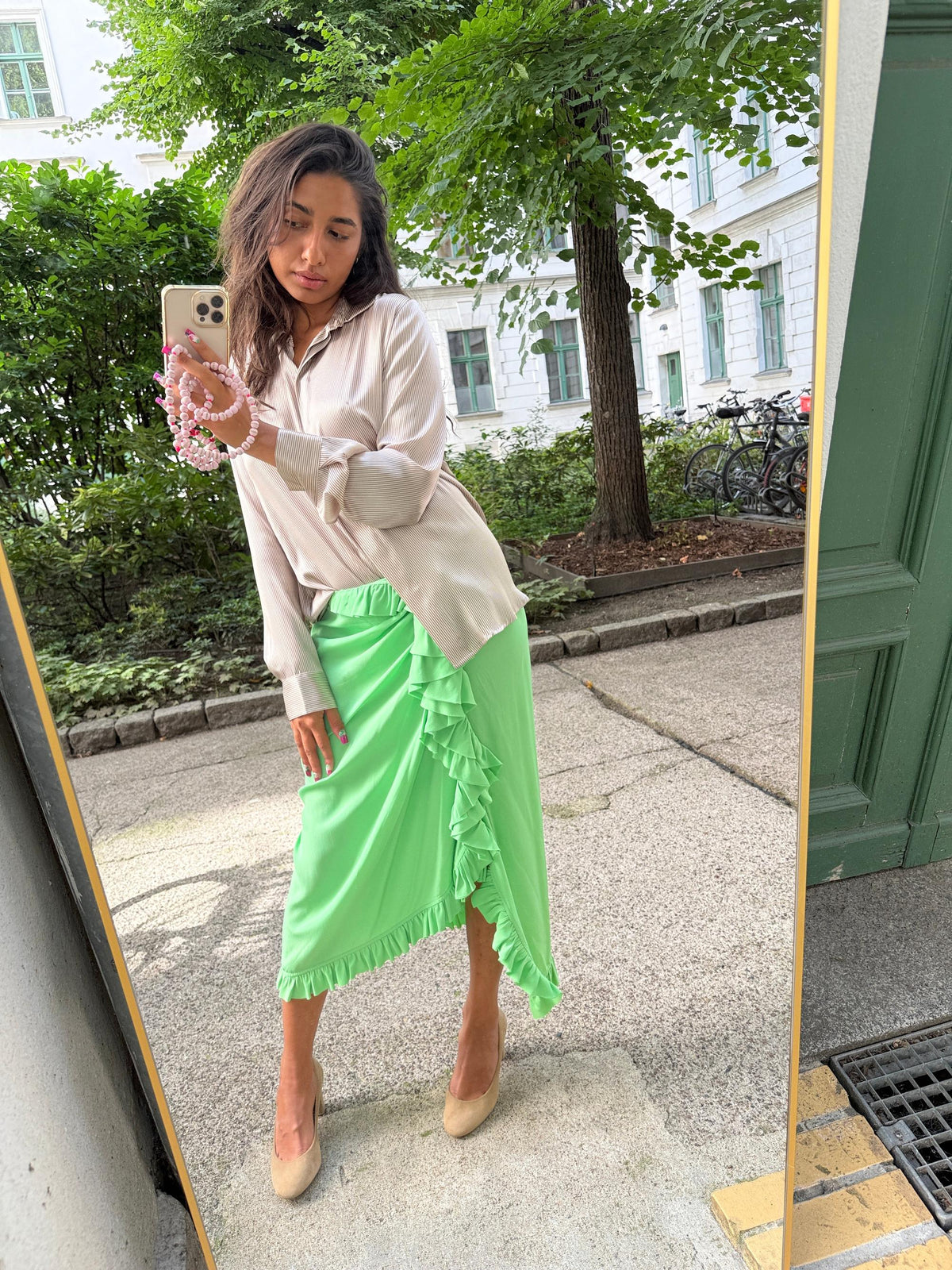 Ruffle-trimmed crêpe midi skirt in green-Dries Van Noten-Dear Berlin