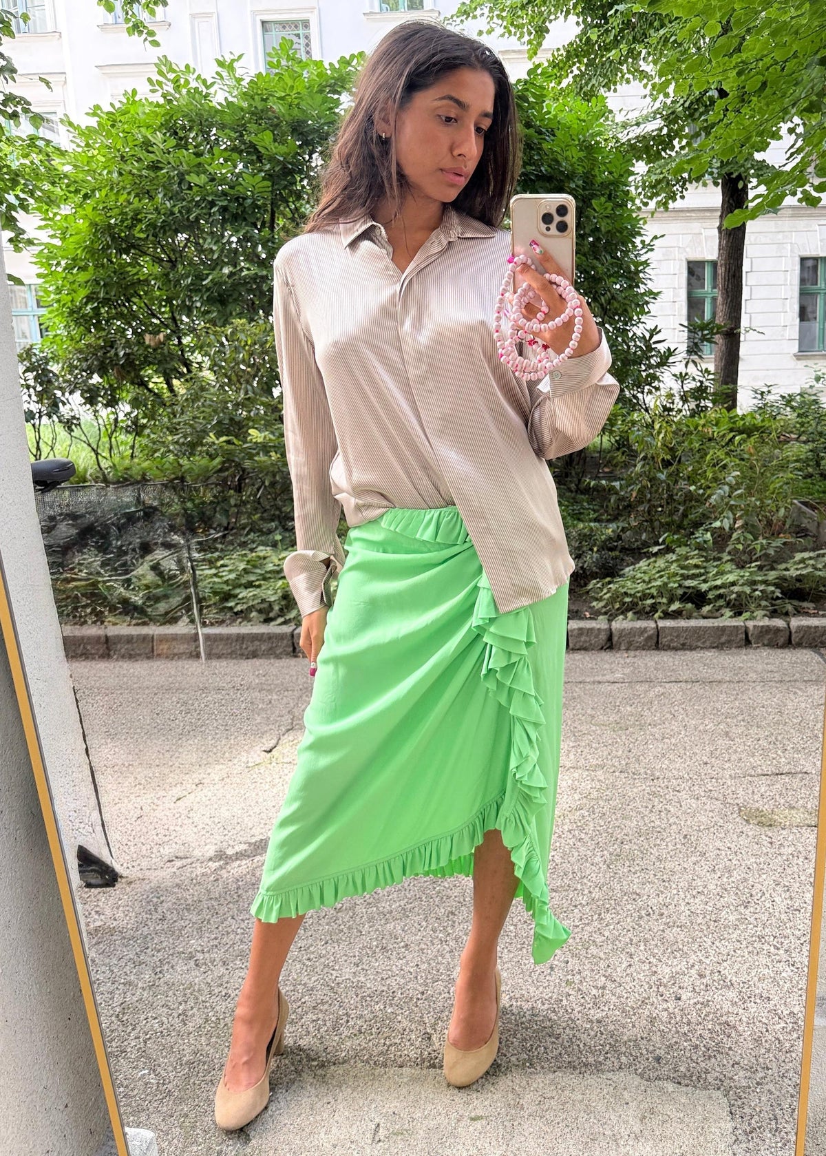 Ruffle-trimmed crêpe midi skirt in green-Dries Van Noten-Dear Berlin