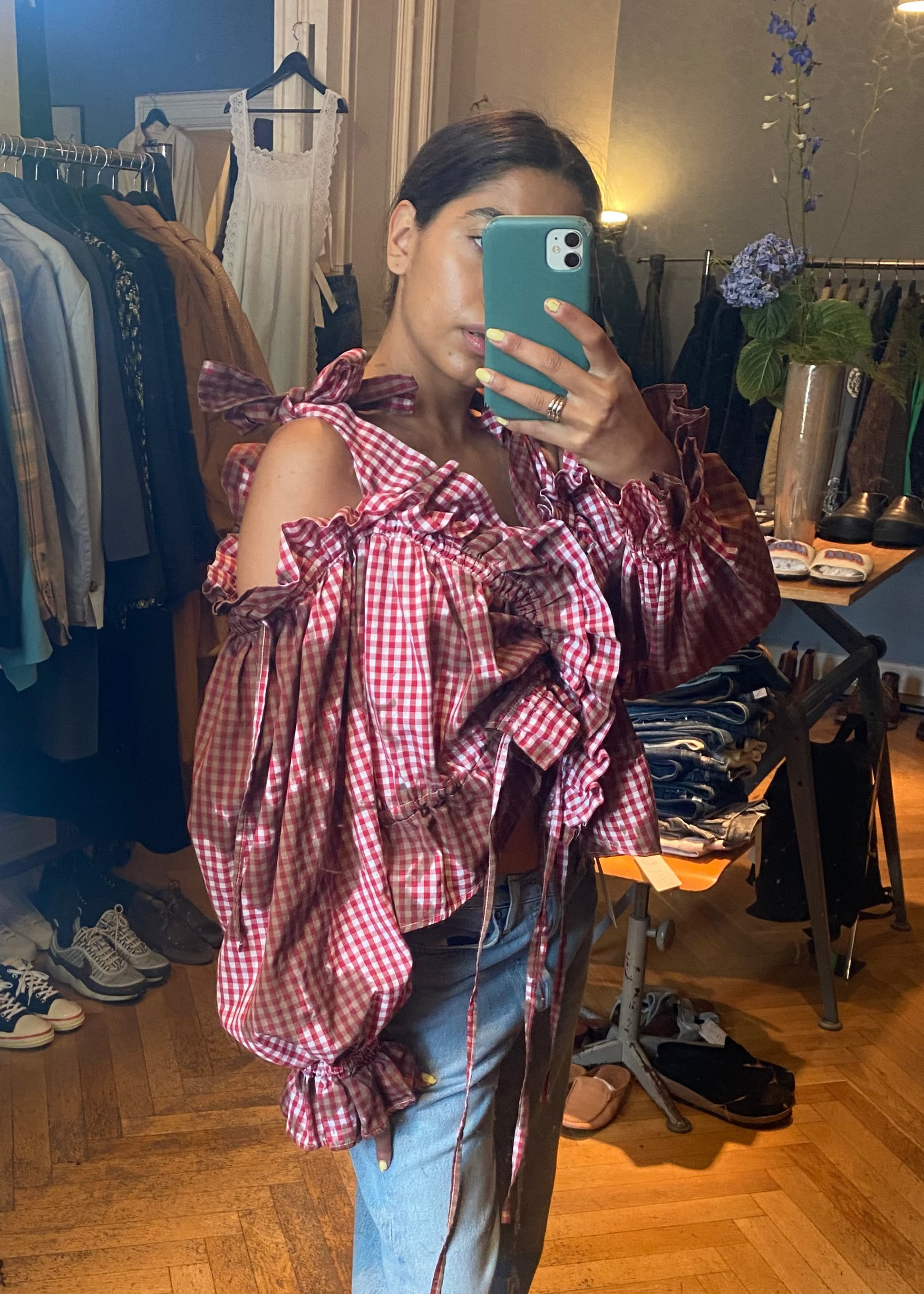 Off-Shoulder Bluse mit Vichy-Karo