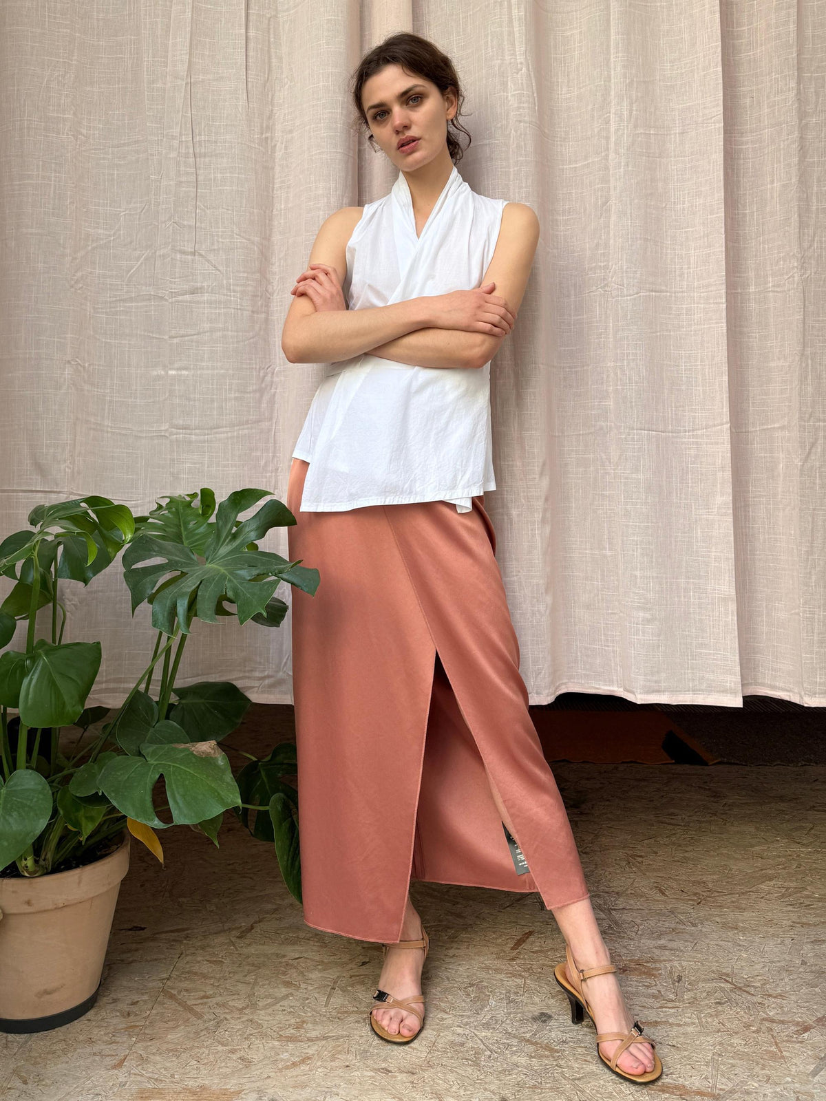 NANUSHKA Salmon Wrap Skirt displayed on model