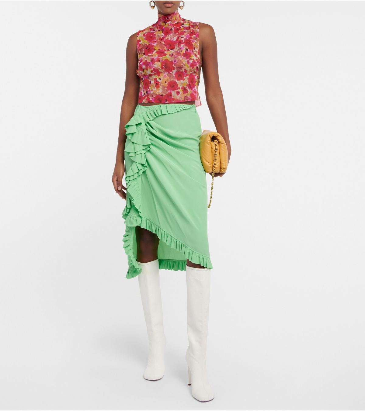 Ruffle-trimmed crêpe midi skirt in green-Dries Van Noten-Dear Berlin
