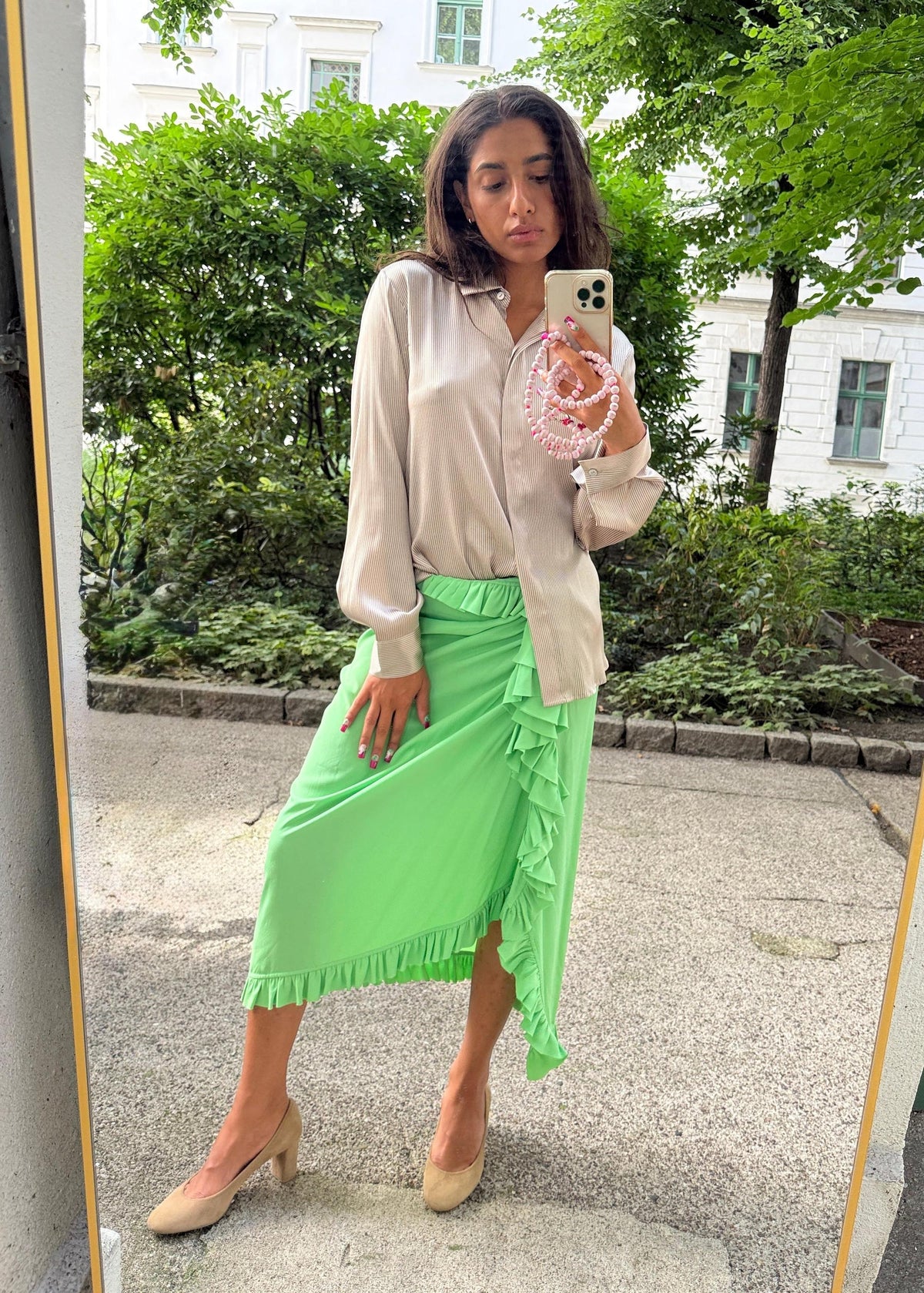 Ruffle-trimmed crêpe midi skirt in green-Dries Van Noten-Dear Berlin